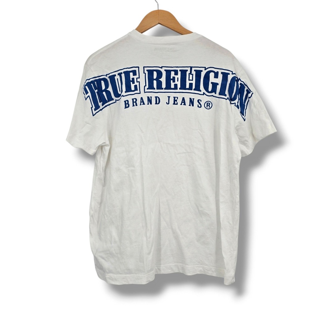 True Religion Mens Relaxed Fit White Graphic T-Shirt Navy Horseshoe Logo Small